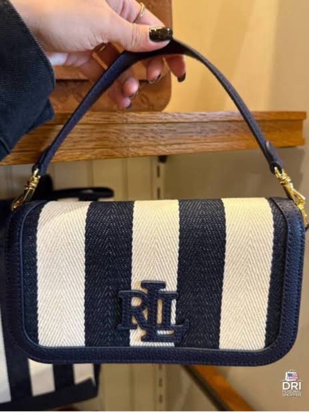 NWT Ralph Lauren Women's Blue Striped Twill Small Adley Shoulder Bag - Picture 2 of 3